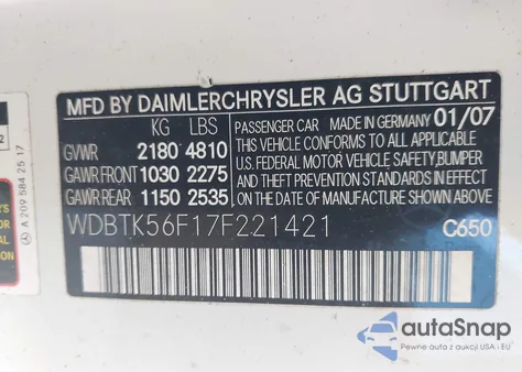 2007 Mercedes-Benz Clk 350 из США, поврежденный, VIN WDBTK56F17F221421